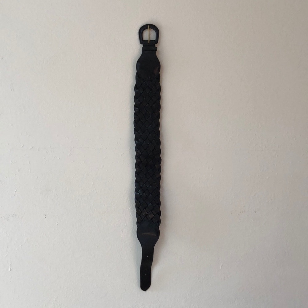 Black leather wide woven belt